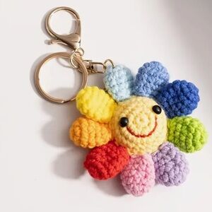 Crocheted daisy happy face keychain bag charm NEW!